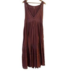 FREE PEOPLE Boho MAXI Dress V-Neck LACE Dusty Rose
